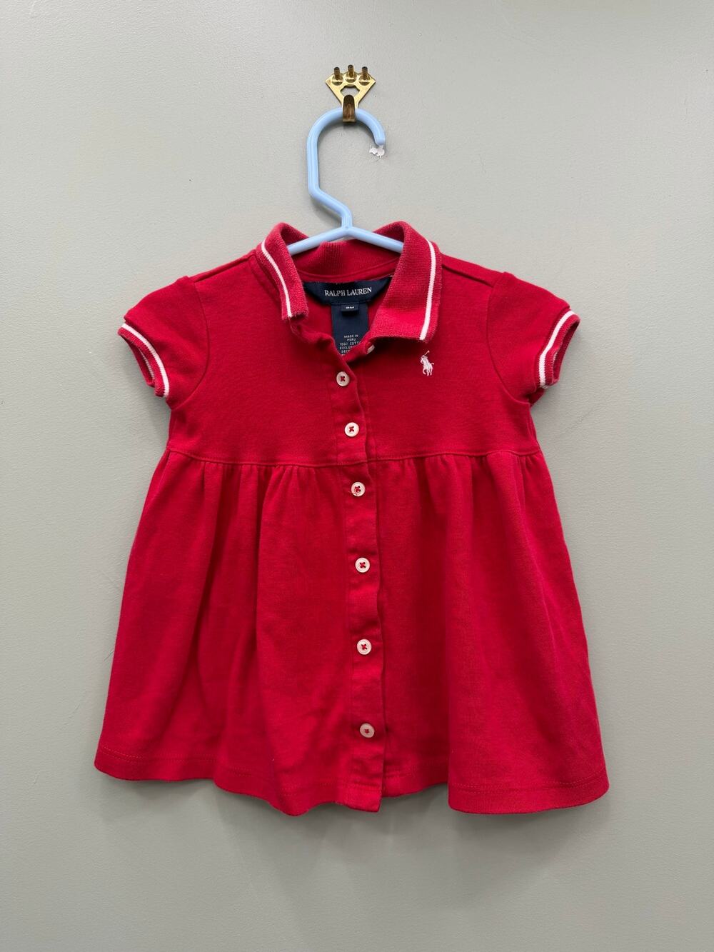 Ralph Lauren Baby Girl Red Polo Dress 9M Preppy Button Front Cotton